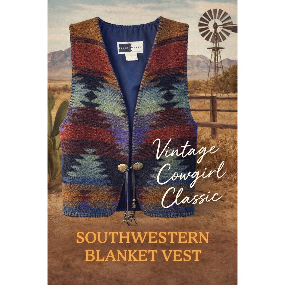 Rhonda Stark Southwestern Blanket Vest Concho Tassel Cowgirl Ranch Style Small